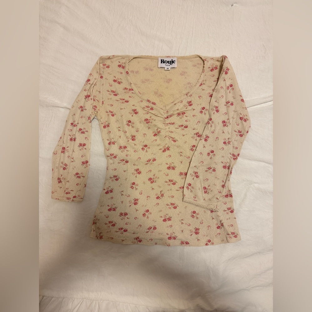 Rouje Cream Top with Pink Floral Print